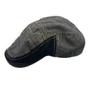 Flat Cap Mens L/XL Free Authority Houndstooth Wool-Blend Black Gray Patchwork